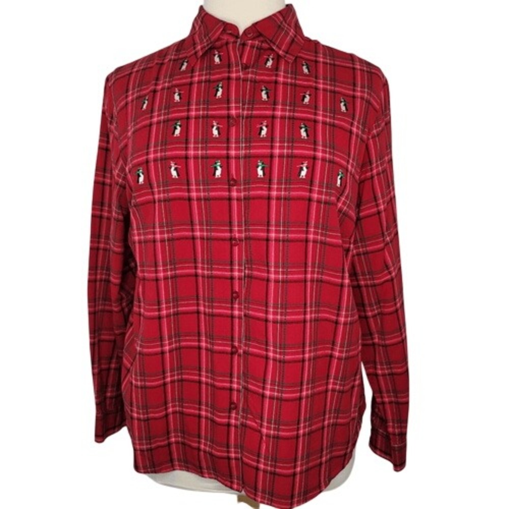 Karen Scott Red Plaid with Penguins Blouse
